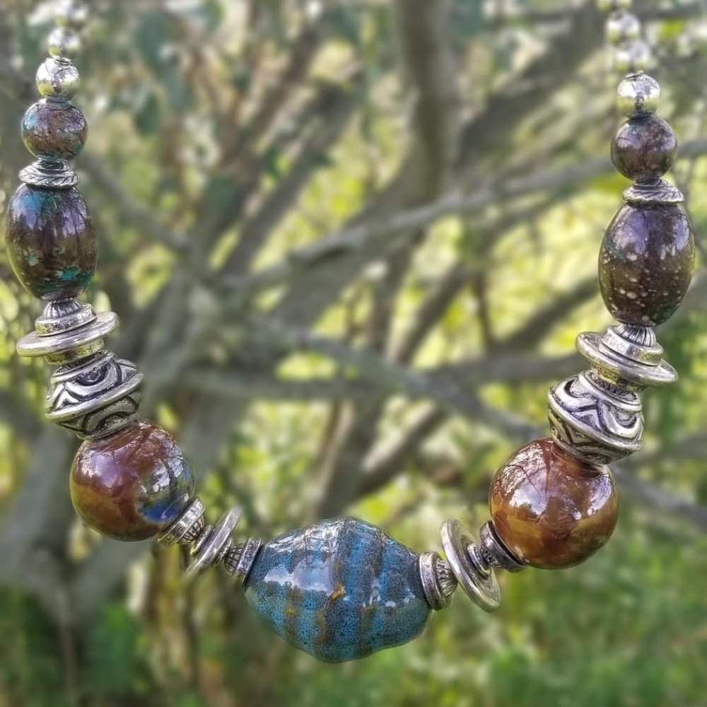 VTG Silver Necklace with Earth Tone Color Beads